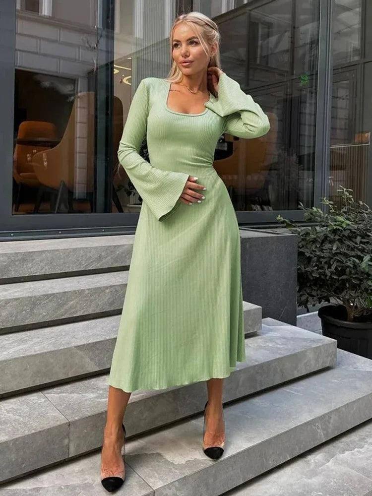Scoop Neck Ribbed Maxi Dress - Lace-Up Long Sleeve-Green-6