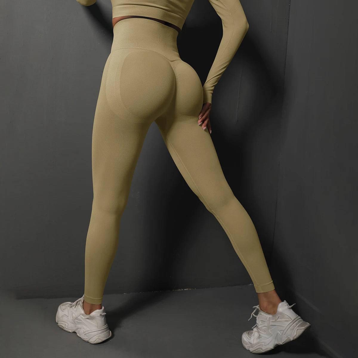 Seamless Gym Leggings Women Yoga Pants Sexy High Waist Booty-Khaki-12