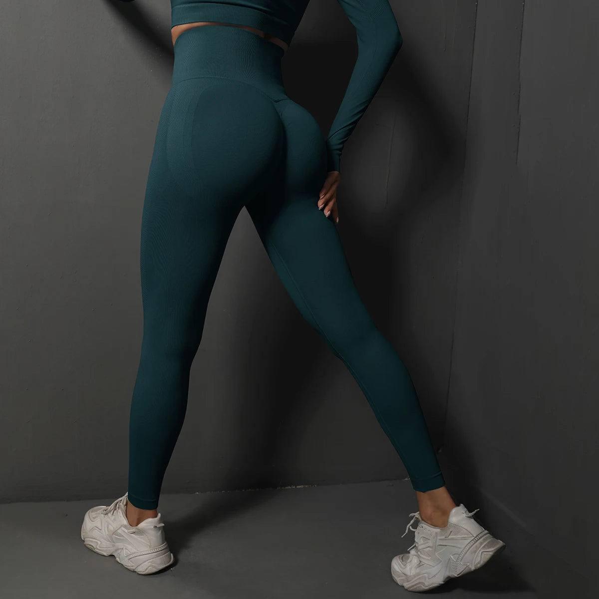Seamless Gym Leggings Women Yoga Pants Sexy High Waist Booty-Blue Green-25