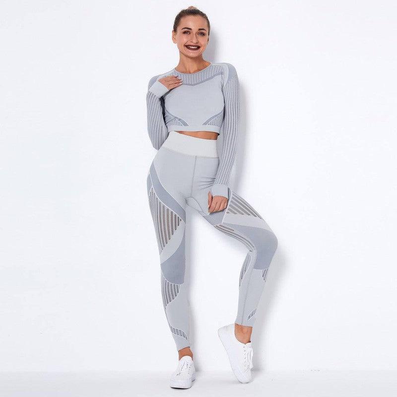 Seamless Knitted Absorbent Yoga Long-Sleeved Suit Yoga Wearsuit-Light Grey-11