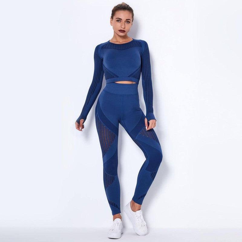 Seamless Knitted Absorbent Yoga Long-Sleeved Suit Yoga Wearsuit-Navy Blue-14