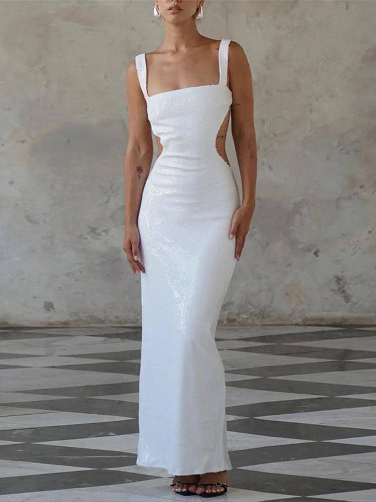 Sequin Sling Square Collar Backless Dress Dress Skirt-White-7