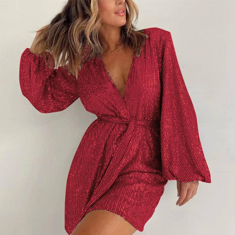 Sequined Long Sleeve Dress Women-Red-10