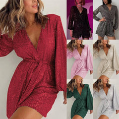 Sequined Long Sleeve Dress Women-1