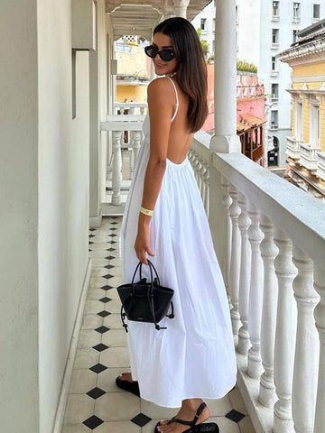 Sexy Backless Midi Dress Sleeveless V Neck Dress 2023-White-7