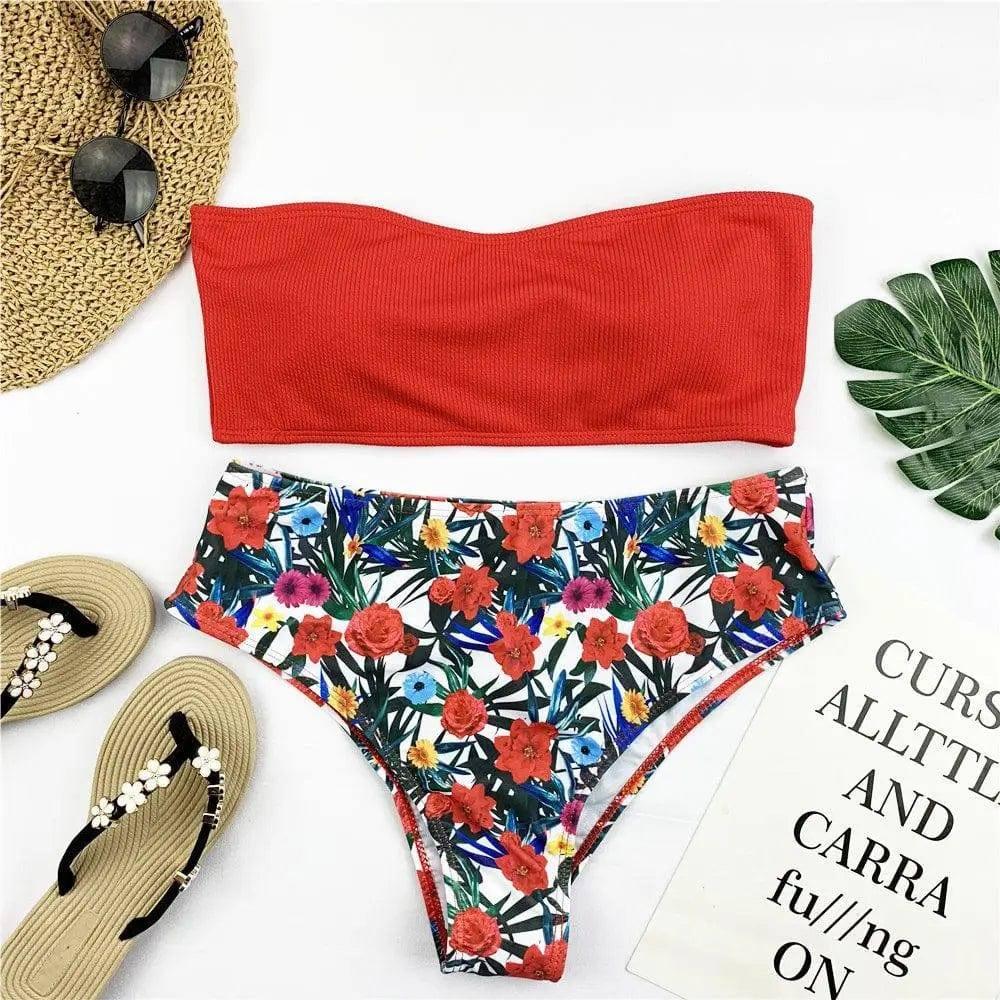 Sexy Bandeau Bikini Set Women Print Swimwear-Red-5