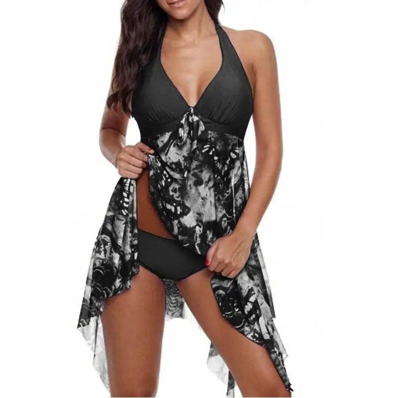 Sexy Bikini Irregular Hem Split Floral Swimsuit-Black-2