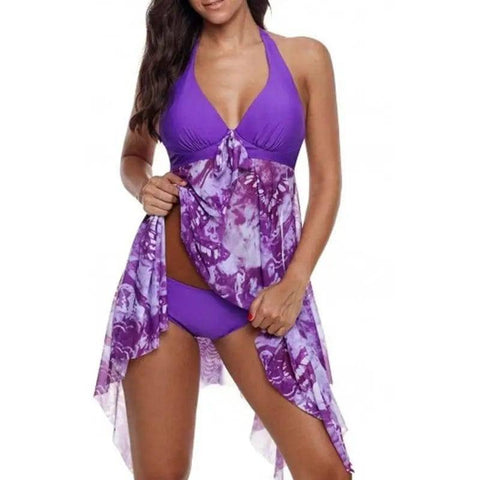 Sexy Bikini Irregular Hem Split Floral Swimsuit-Purple-5