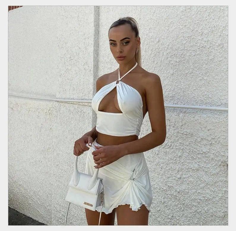 Sexy Crop Top Mini Skirts Two Piece Sets Women Halter Top-White-2