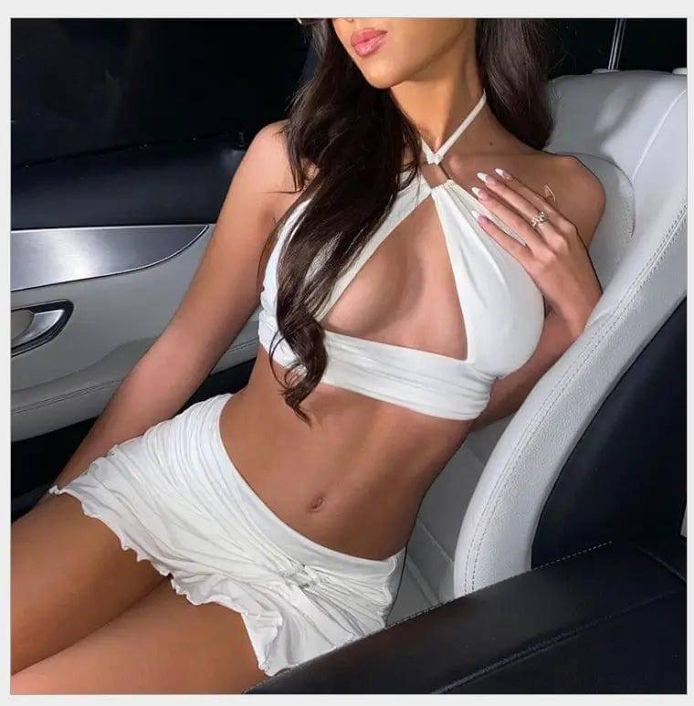 Sexy Crop Top Mini Skirts Two Piece Sets Women Halter Top-3