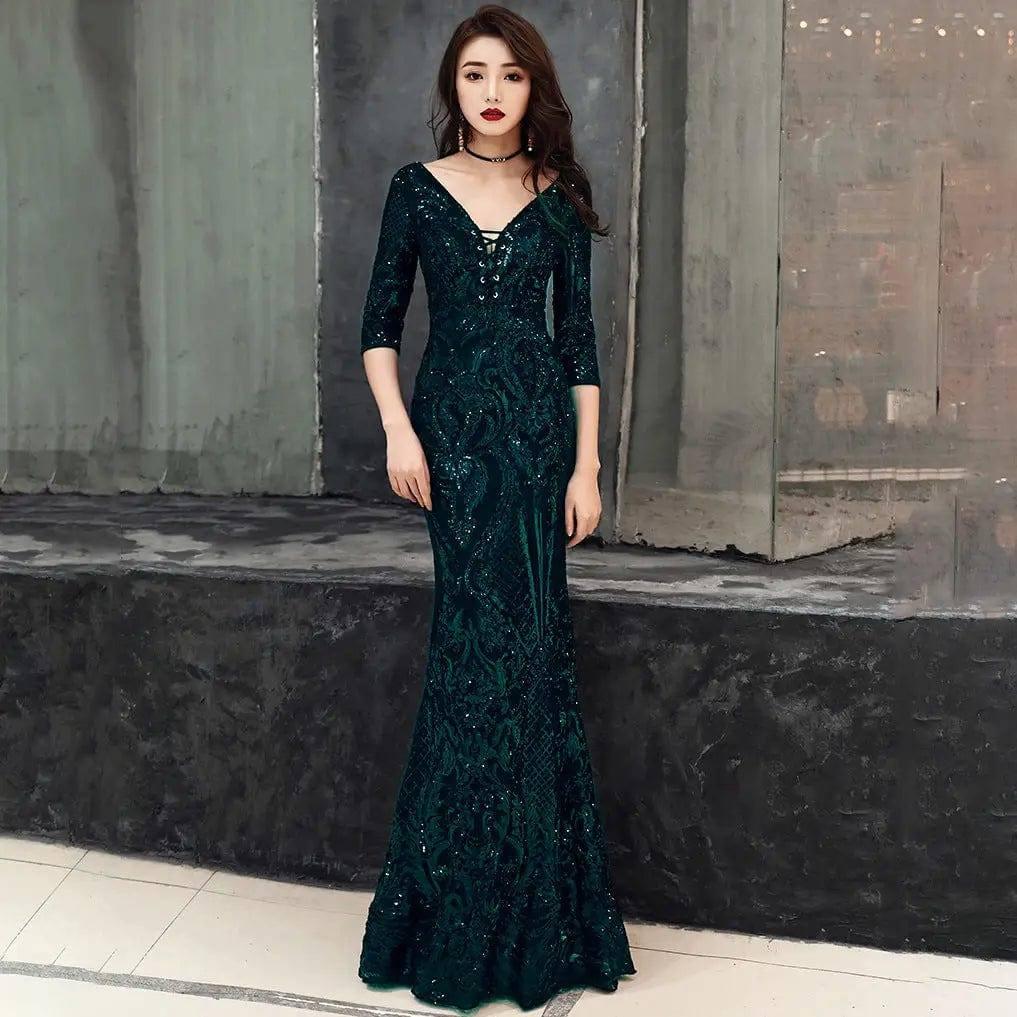 Sexy fishtail dress in sequined evening dress-Dark green-4