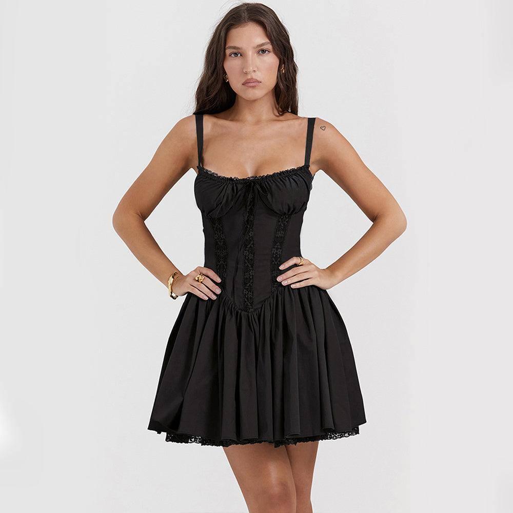 Sexy Lace Suspender Dress Summer Fashion Lace-up Slim Waist-Black-7
