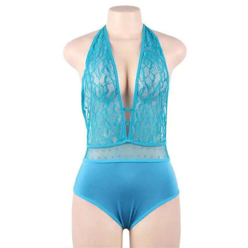 Sexy Lingerie One-piece Sexy Pajamas Hanging Neck Straps-Blue-2