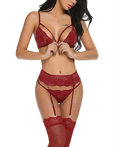 Sexy Lingerie Set With Garter Bra And Panties-WineRed-2