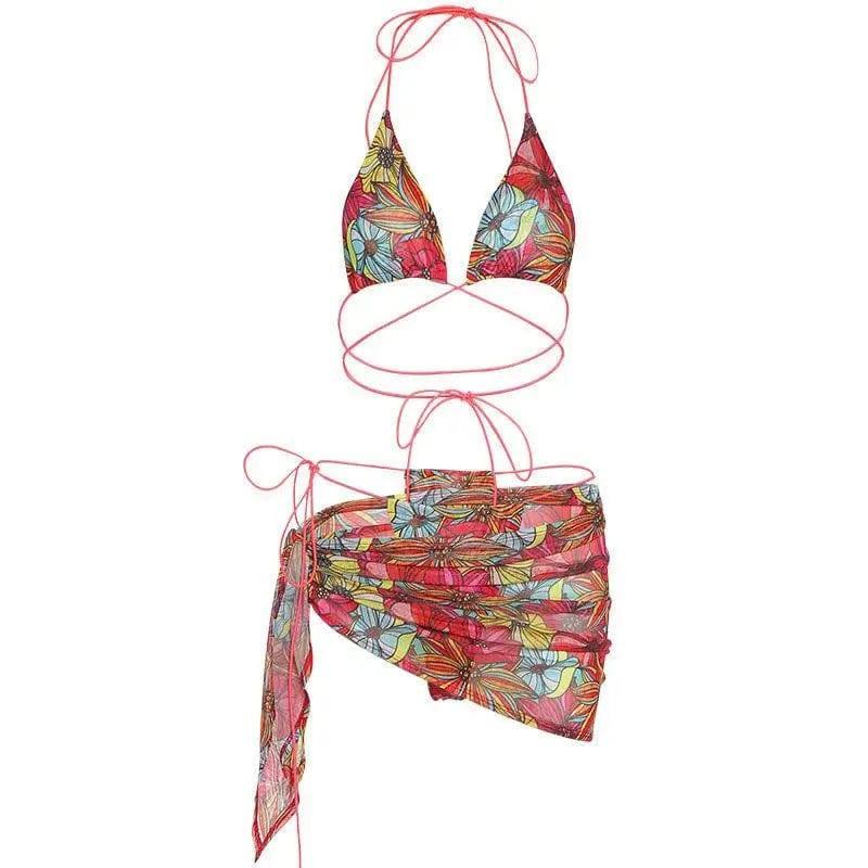 Sexy Mesh Printed Halterneck Strappy Tank Top Thong Bikini-Red-2