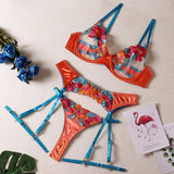 Sexy Patchwork Color Embroidery Large Floral Belt Underwire-Orange-9