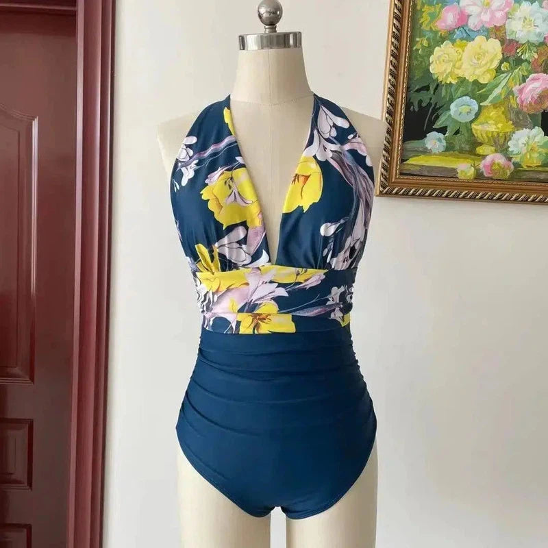 Printed One-Piece Swimsuit-Blue-2