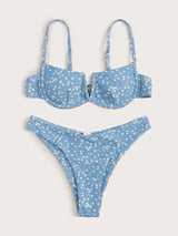 Sexy Small Floral Bikini Split Female Swimsuit-Blue-5