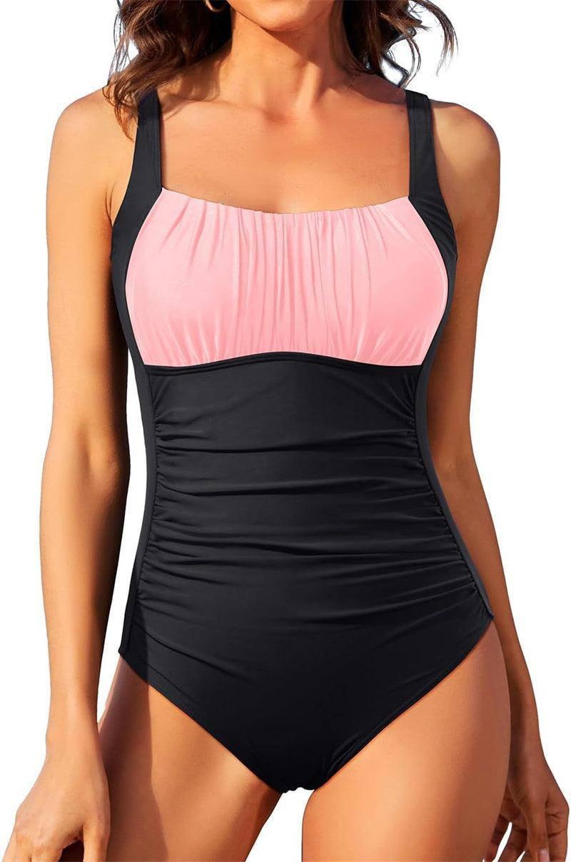Sexy Square Neck One-piece Bikini Summer New Solid Color-Black Pink-9