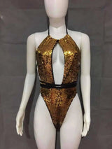 Sexy Strappy One-piece Swimsuit Halterneck Sequin Bikini-Gold-4