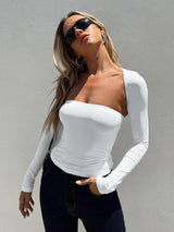 Sexy Tube Top Cinched Waist T-shirt Long Sleeve Tight-White-11