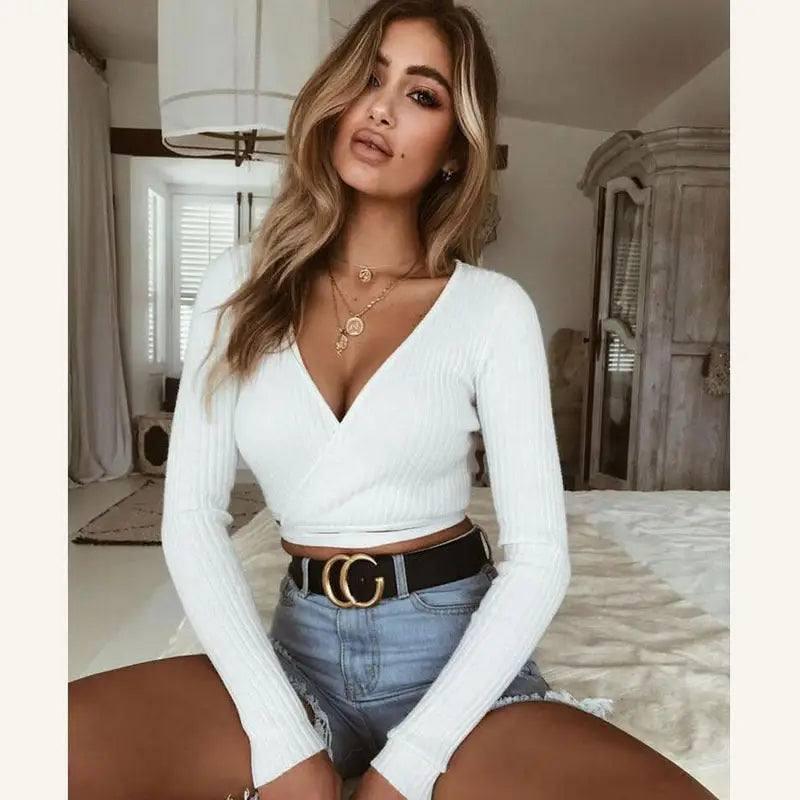 Women Ladies Summer Slim Crop Tops Long Sleeve T-White-5