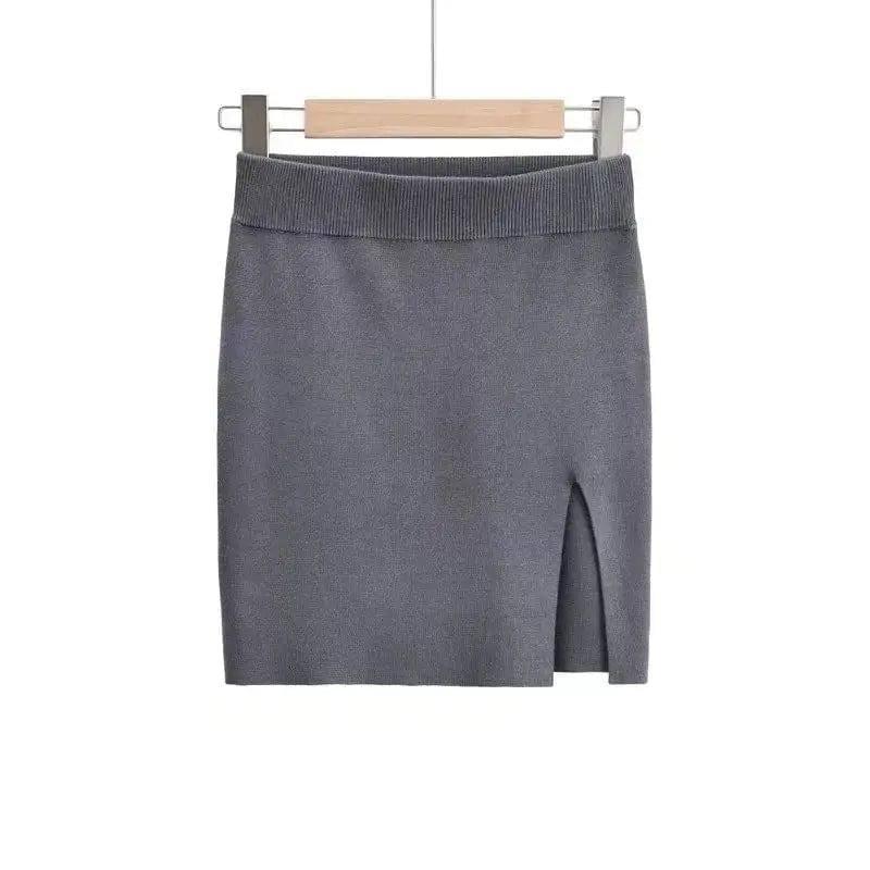 Short Skirt Fashion Side Slit Slim Knit-Iron Gray-5