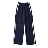 Side Stripe Stitching Women's Drawstring Pocket Casual Pants-Navy Blue-2