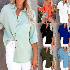 Simple Long Sleeve V Neck Button Ladies Cotton Linen Shirt-1