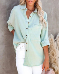 Simple Long Sleeve V Neck Button Ladies Cotton Linen Shirt-Mintgreen-4