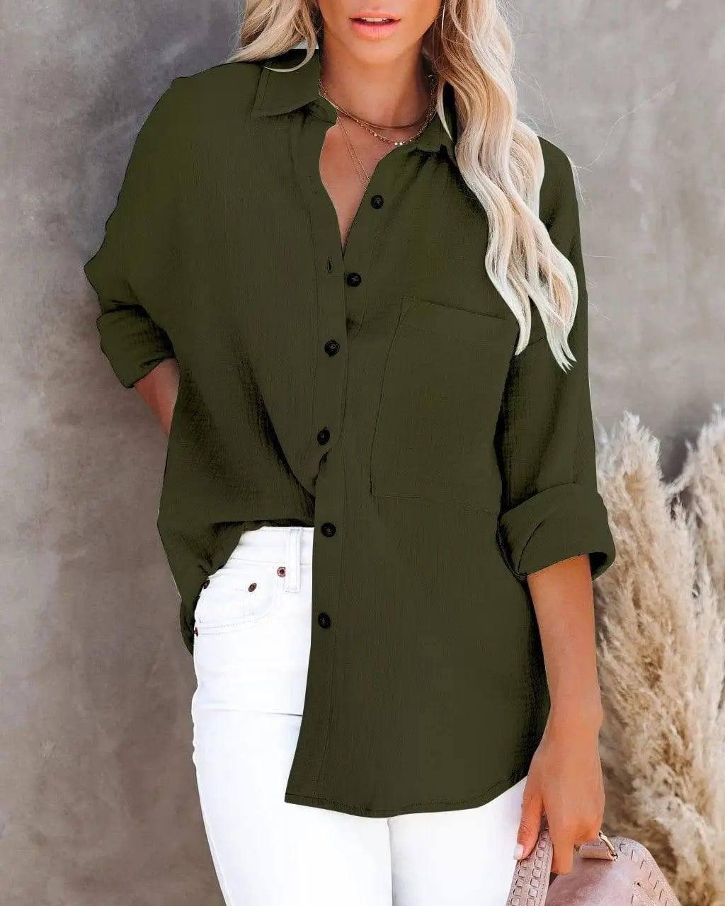 Simple Long Sleeve V Neck Button Ladies Cotton Linen Shirt-Armygreen-6