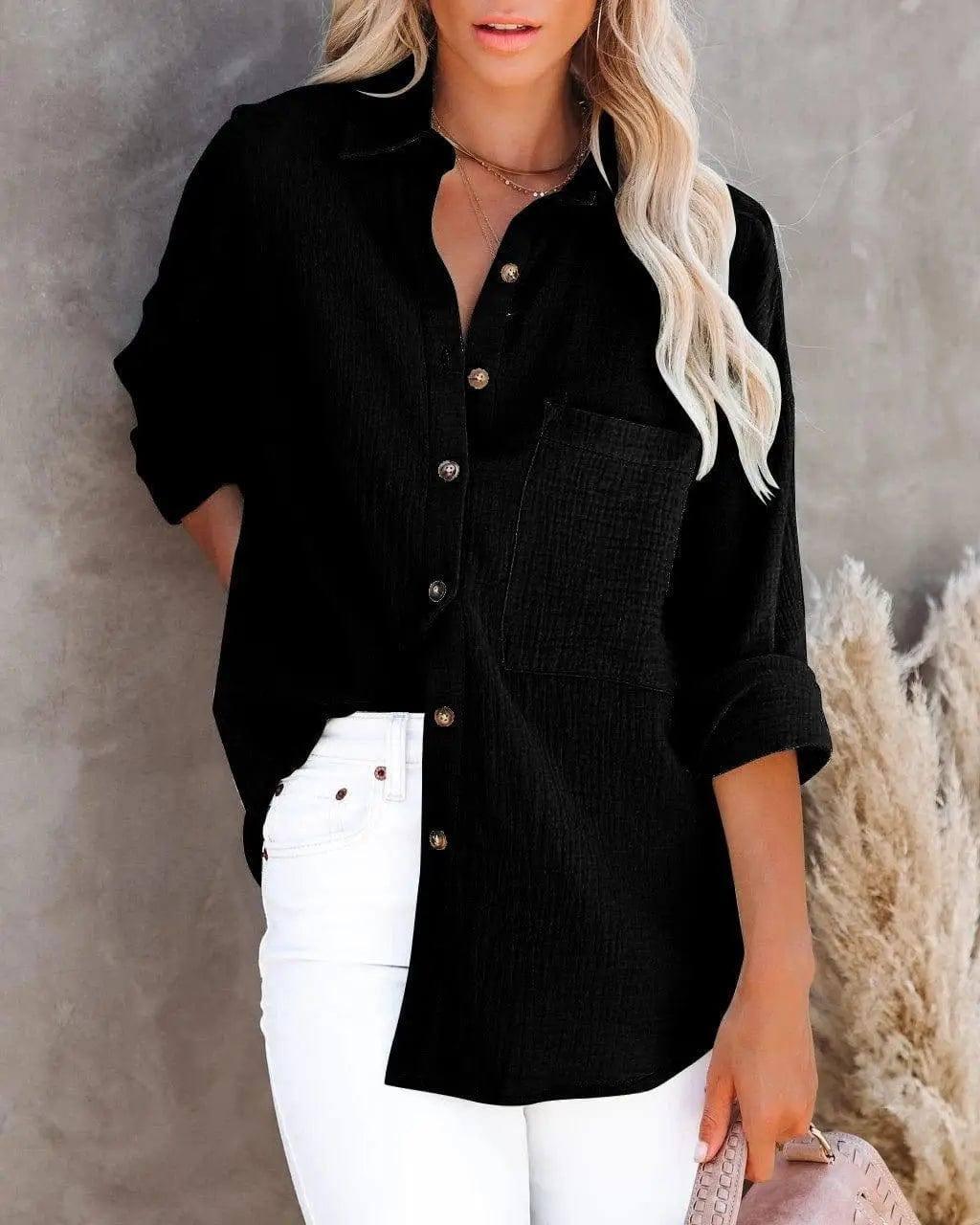 Simple Long Sleeve V Neck Button Ladies Cotton Linen Shirt-Black-7