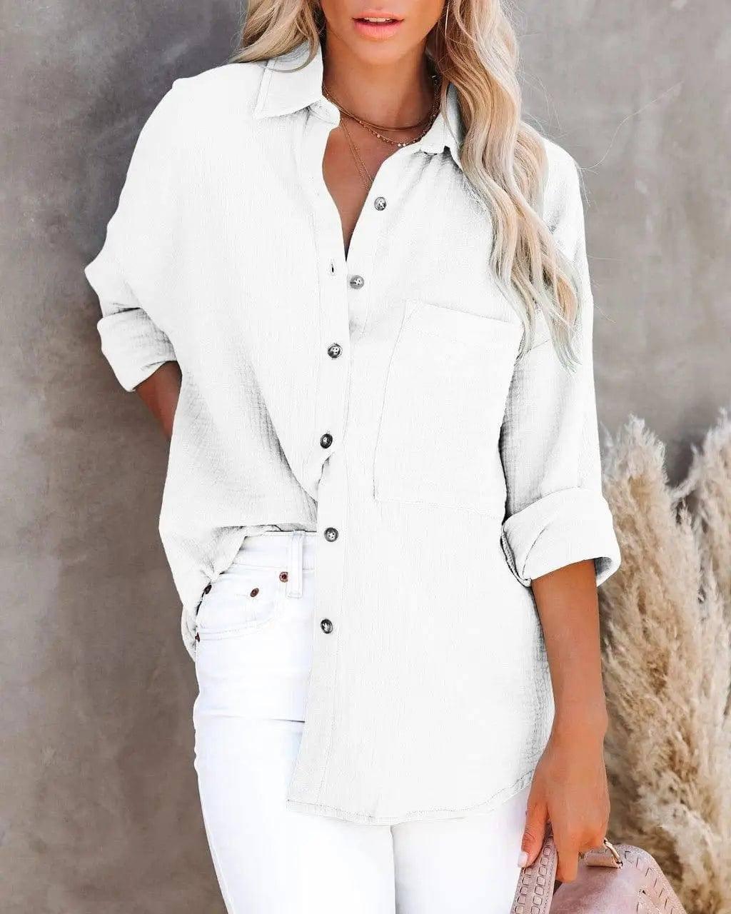 Simple Long Sleeve V Neck Button Ladies Cotton Linen Shirt-White-8