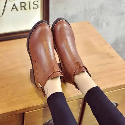 Simple Thick Heel Mid-heel Martin Boots Female Round Toe-Brown-1