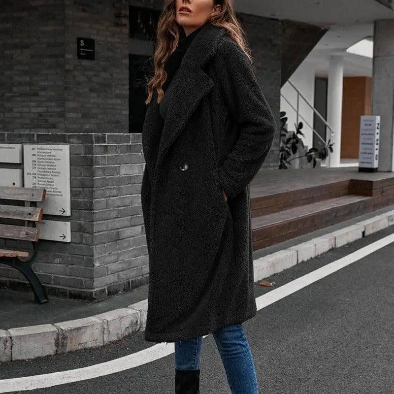 Single-breasted Mid-plush Trench Coat Loose-collar Lambswool-Black-3