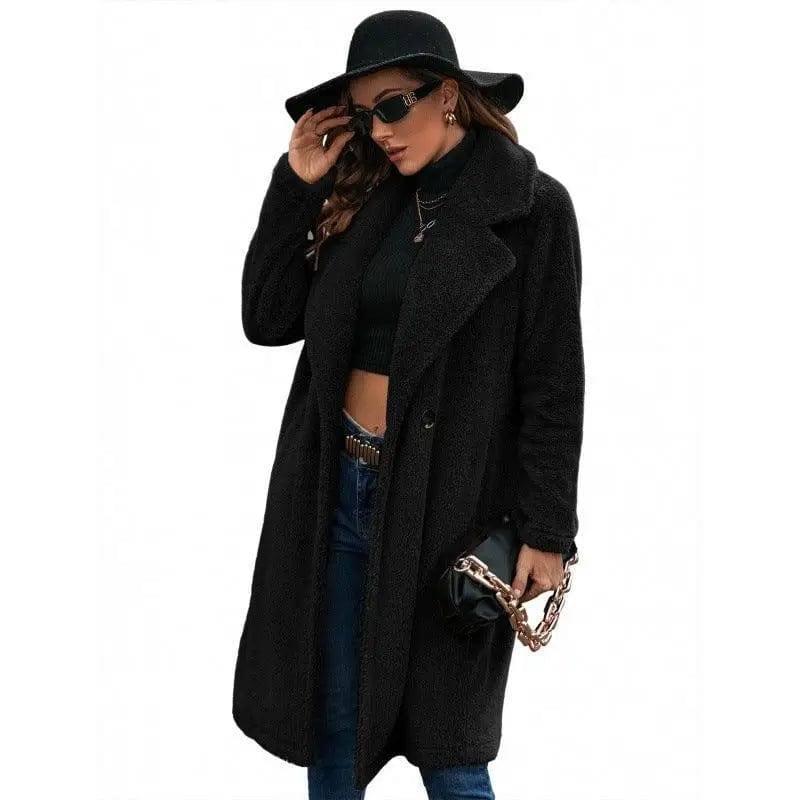 Single-breasted Mid-plush Trench Coat Loose-collar Lambswool-7