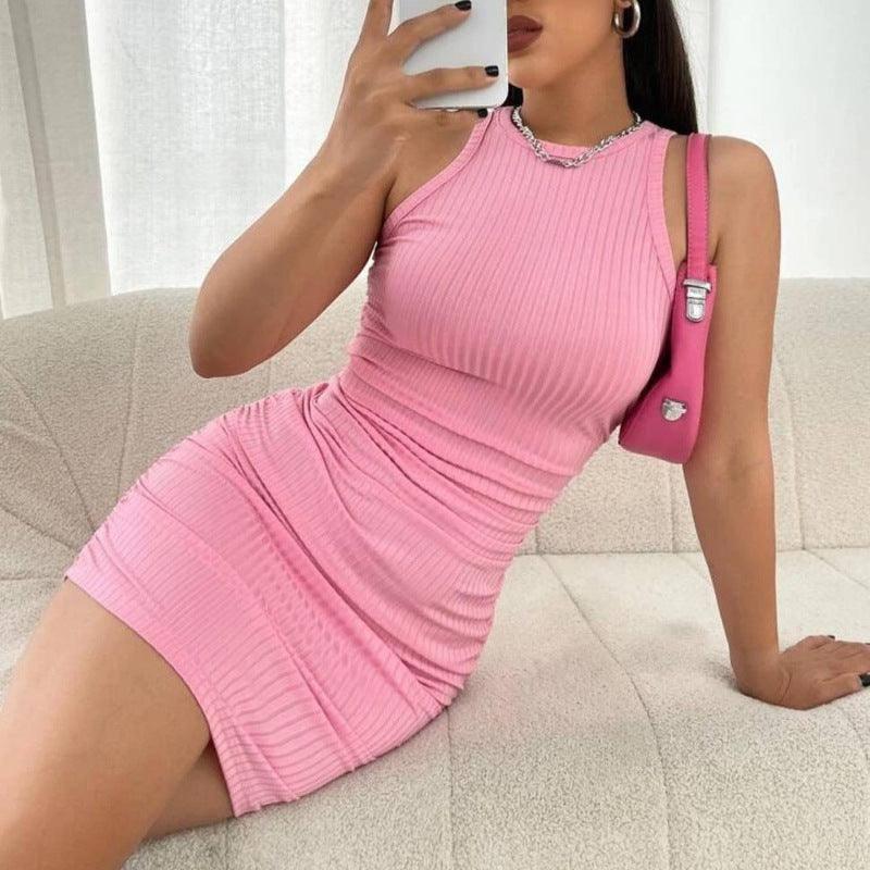 Sleeveless Round Neck Pleated Stretch Slim-fit Sheath Dress-Pink-5