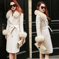 Slim-fit Large Fur Collar Lengthened Thick Woolen Coat-White-1