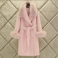 Slim-fit Large Fur Collar Lengthened Thick Woolen Coat-Pink-4