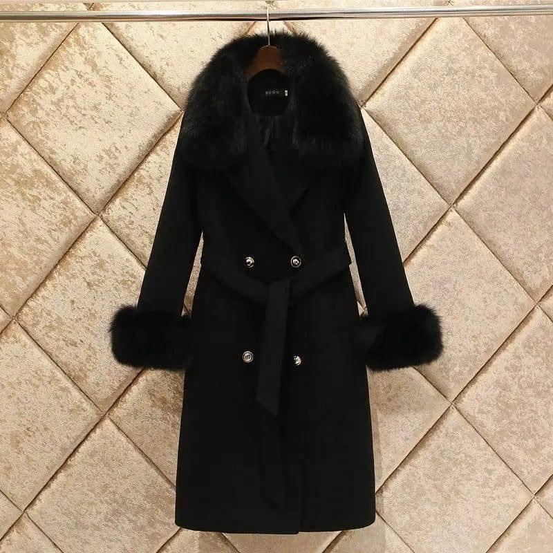 Slim-fit Large Fur Collar Lengthened Thick Woolen Coat-Black-6