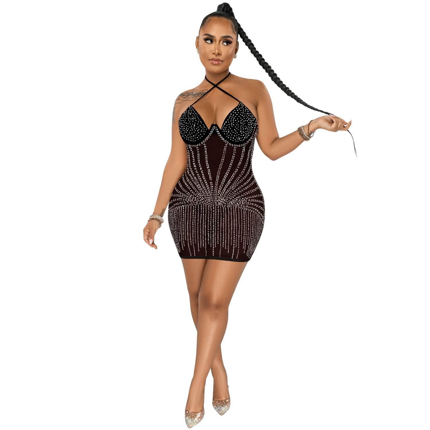 Sling Wrapped Chest Rhinestone Mesh Perspective Skirt Dress-7