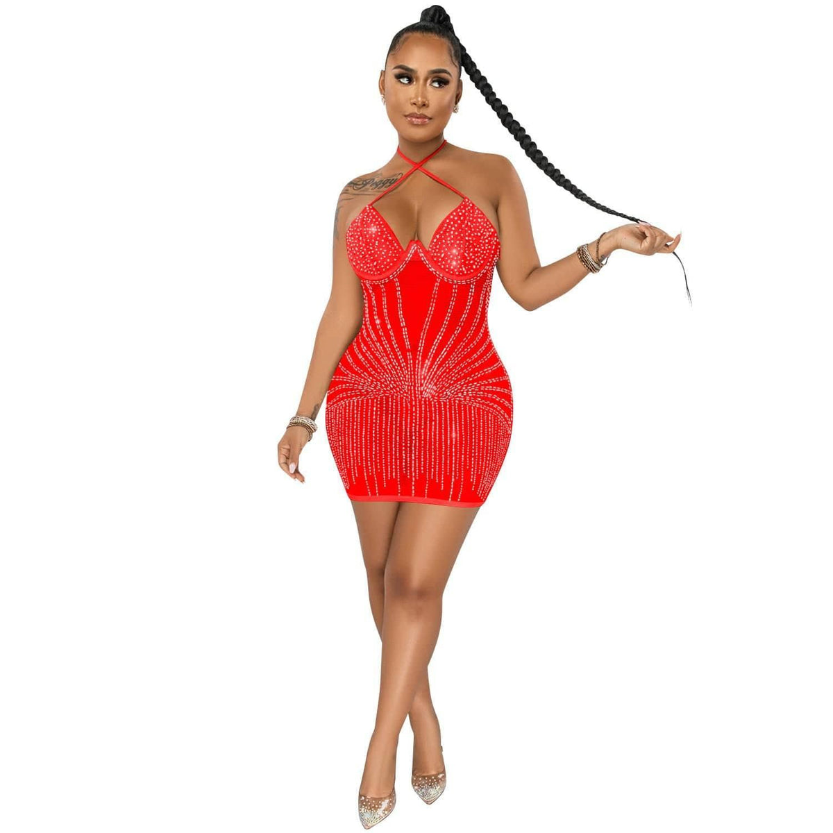 Sling Wrapped Chest Rhinestone Mesh Perspective Skirt Dress-Red-8