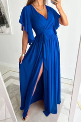 Solid Color Bell Sleeve Loose V-neck Mop Dress-Blue-8