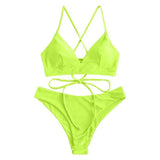 Solid Color Bikini Sexy Strappy Swimsuit-Fluorescentgreen-4