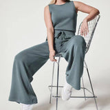 Solid Color Jumpsuit Sleeveless Tops Tie Elastic Pants-2