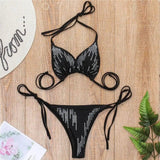 Solid color lace-studded bikini-Black-2