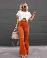 Solid Color Mid-waist Slim-fit Micro Flared Pants Corduroy-Orange-5
