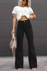 Solid Color Mid-waist Slim-fit Micro Flared Pants Corduroy-Black-9