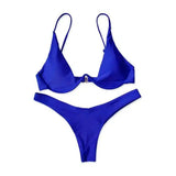 Solid Color Multicolor Underwire Bikini Ladies Swimsuit-Blue-4