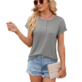 Solid Color Round Neck Button Short Sleeve T-Shirt Summer-Grey-8